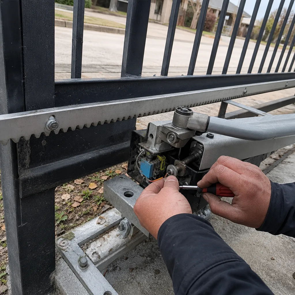Technician performing professional electric sliding gate repair and maintenance.