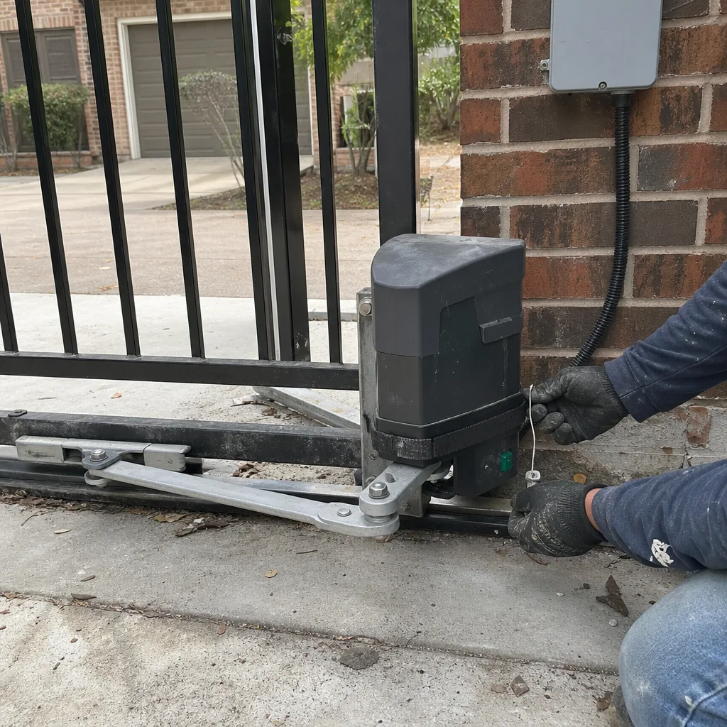 Technician performing professional electric gate motor repair and maintenance.