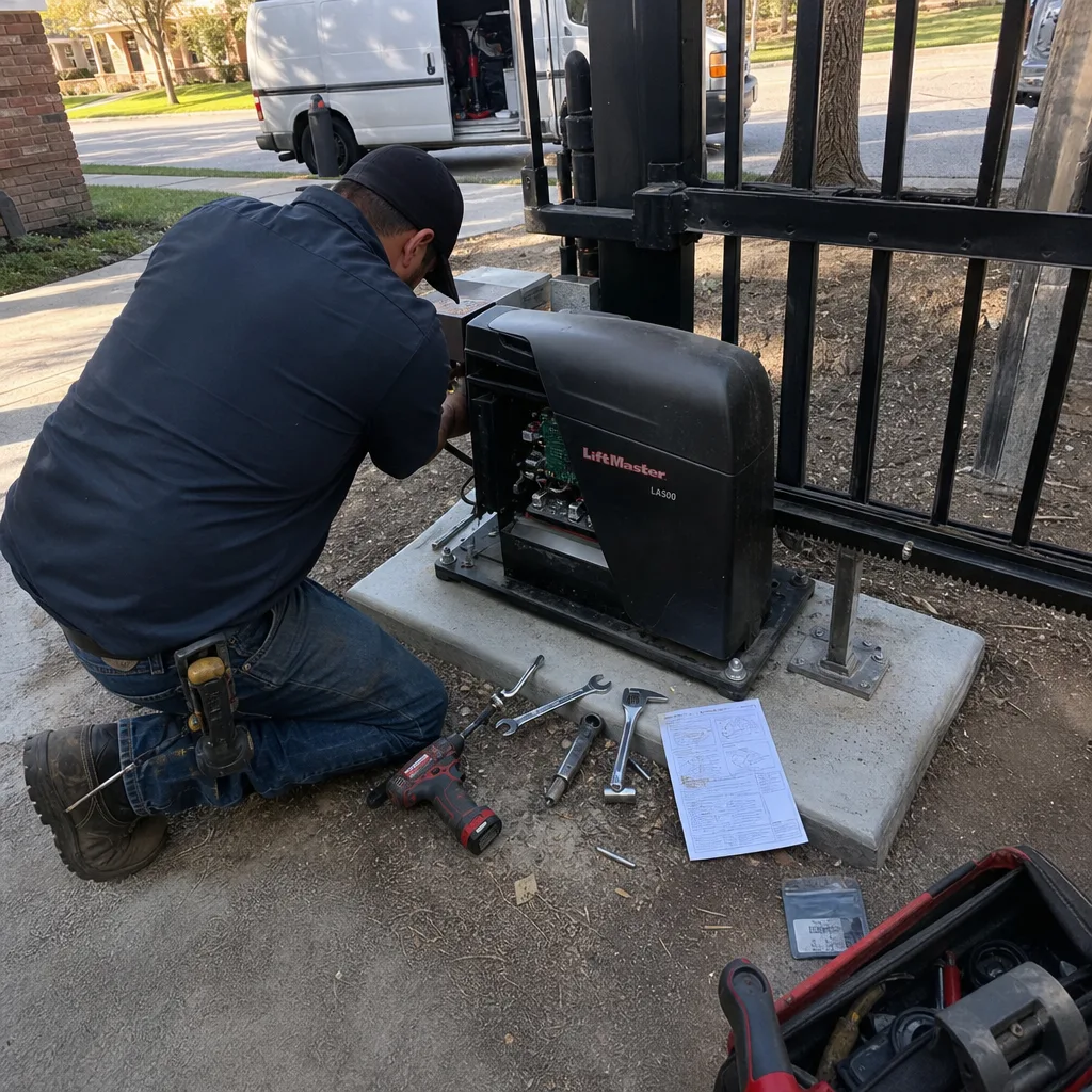 Technician performing professional electric gate repair and maintenance on automatic gate opener