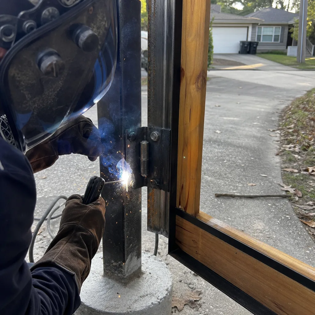 Professional welder installing a steel hinge on a residential gate post