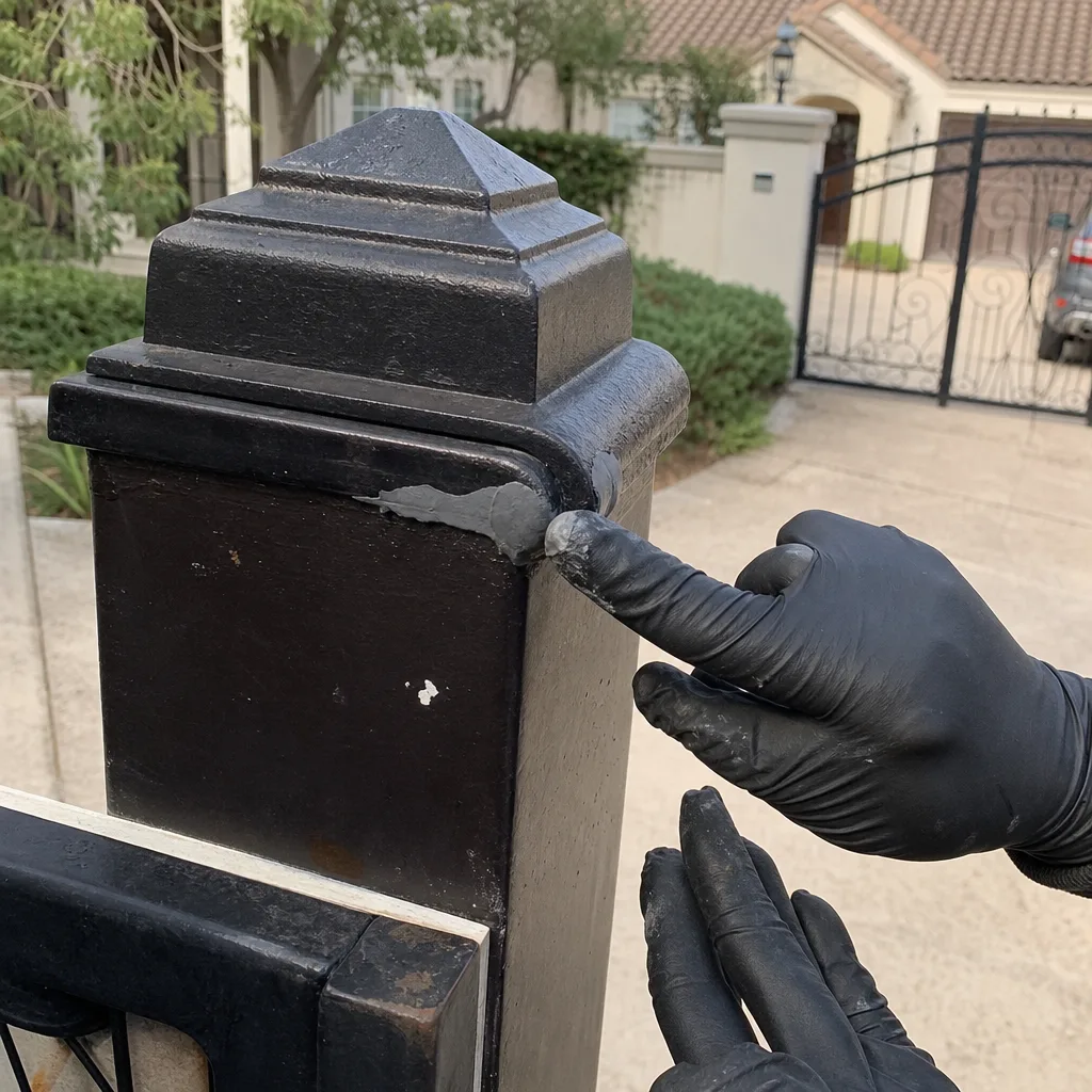 Professional gate repair technician applying sealant to a metal fence post.