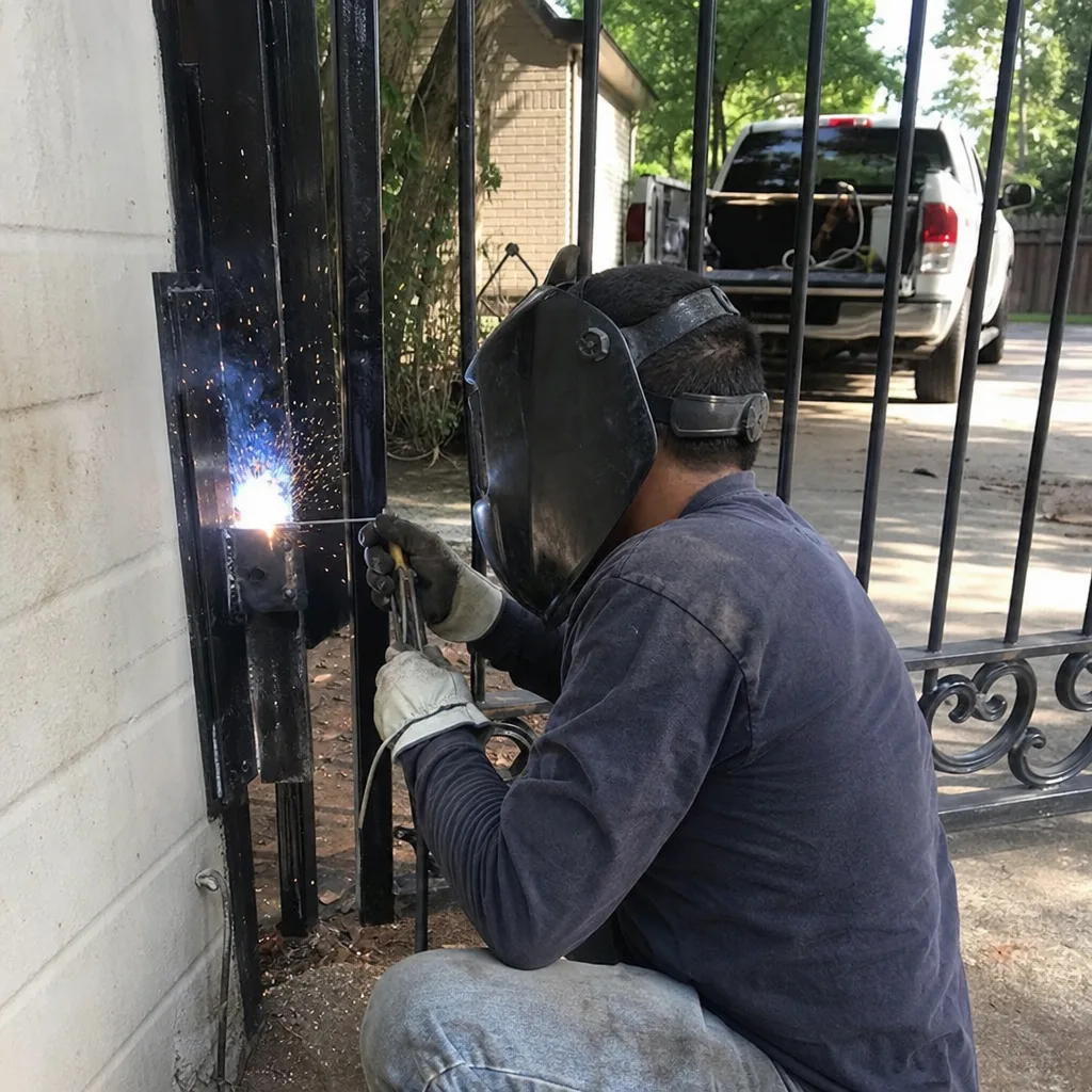 A professional welder performing residential metal gate repair