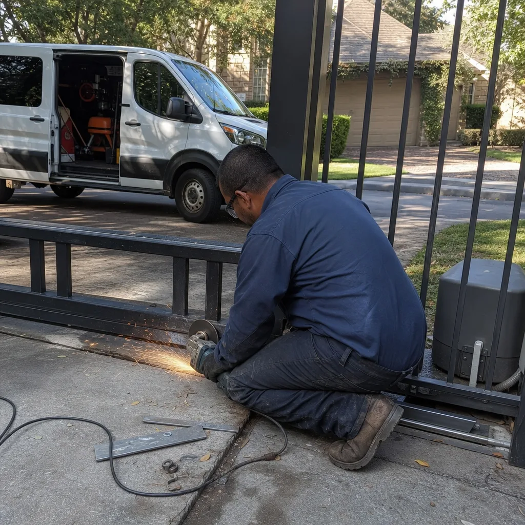 Technician using an angle grinder for metal gate repair services
